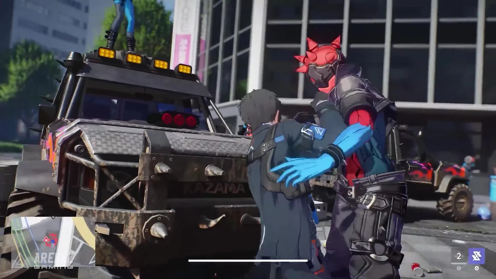 Ananta Captain trading blows with a red-masked gang member beside an armoured off-road truck in a Nova City square