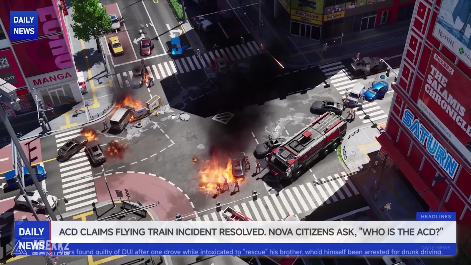 Ananta Daily News bulletin over a wrecked intersection, headline reading ACD claims flying train incident resolved, Nova citizens ask who is the ACD