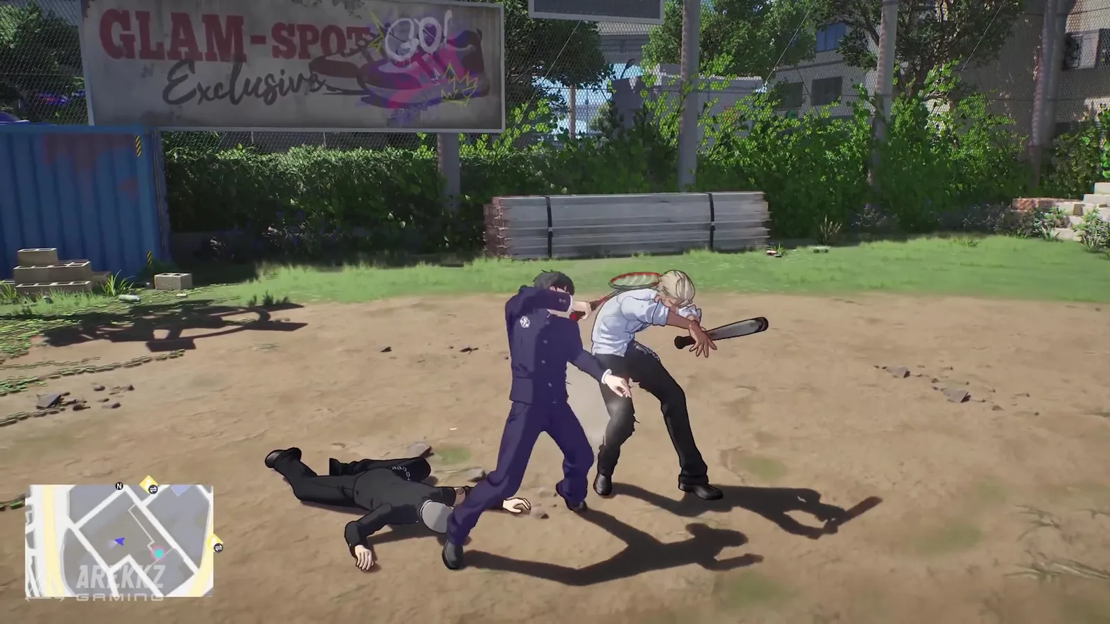 Ananta brawl in front of a Glam-Spot billboard, a suited fighter swinging at a thug on a dusty lot beside a knocked-out enemy