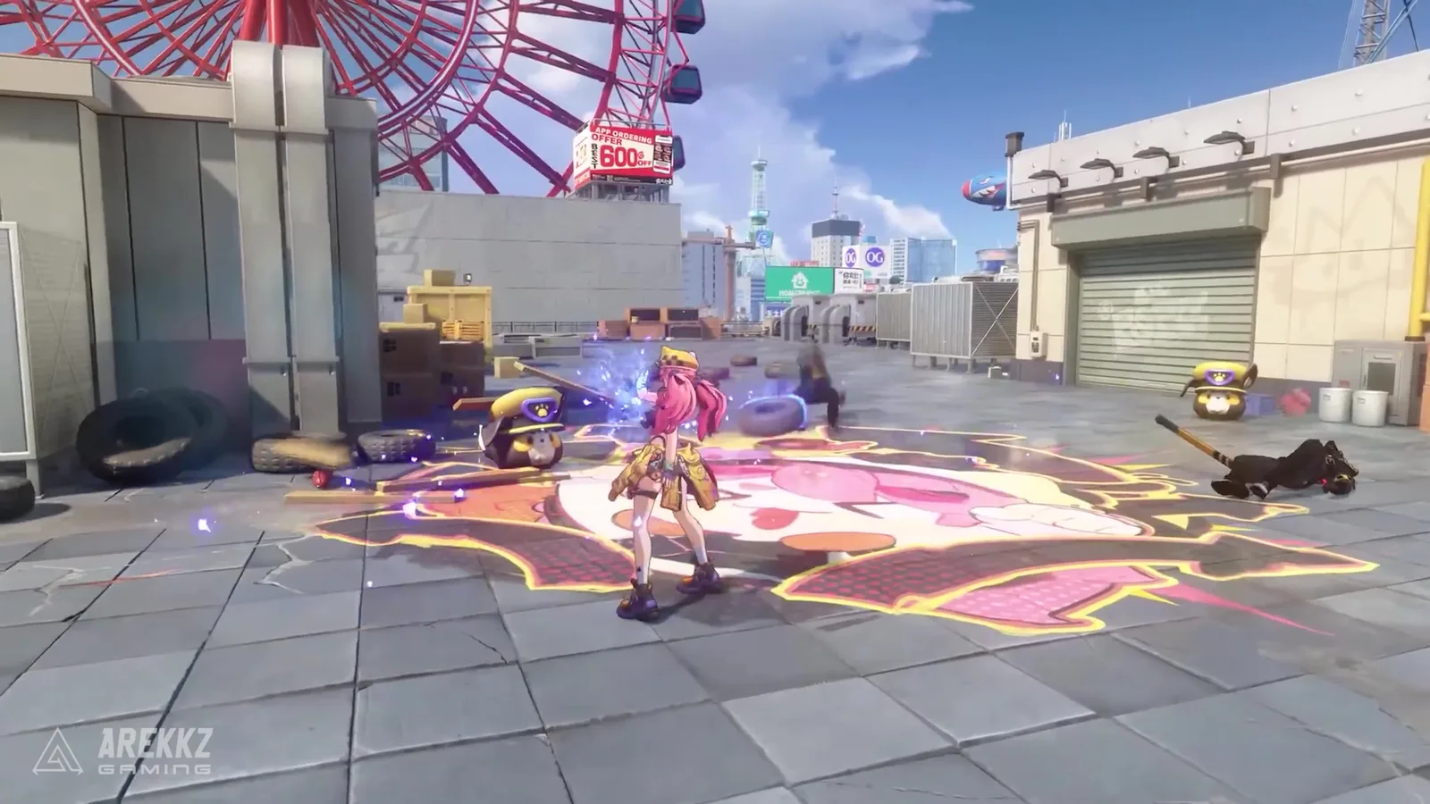 Ananta fighter with pink hair standing over knocked-out enemies on a graffiti-painted plaza below a Ferris wheel, a bat on the ground
