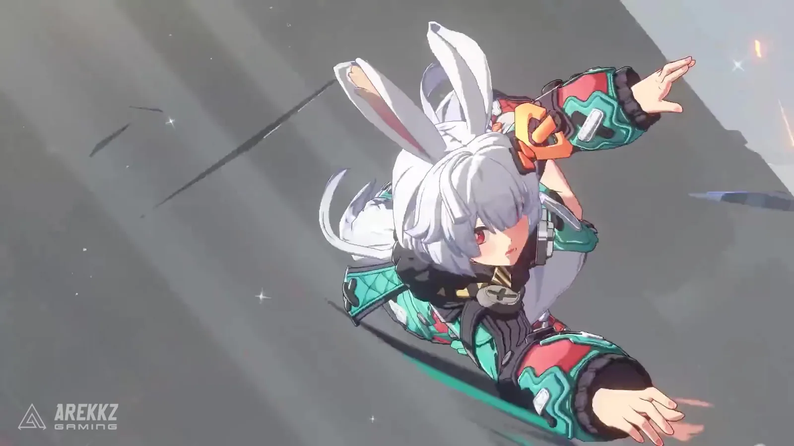 Taffy from Ananta mid-leap in close-up, white bunny ears and a teal jacket against a grey rooftop, from pre-release footage