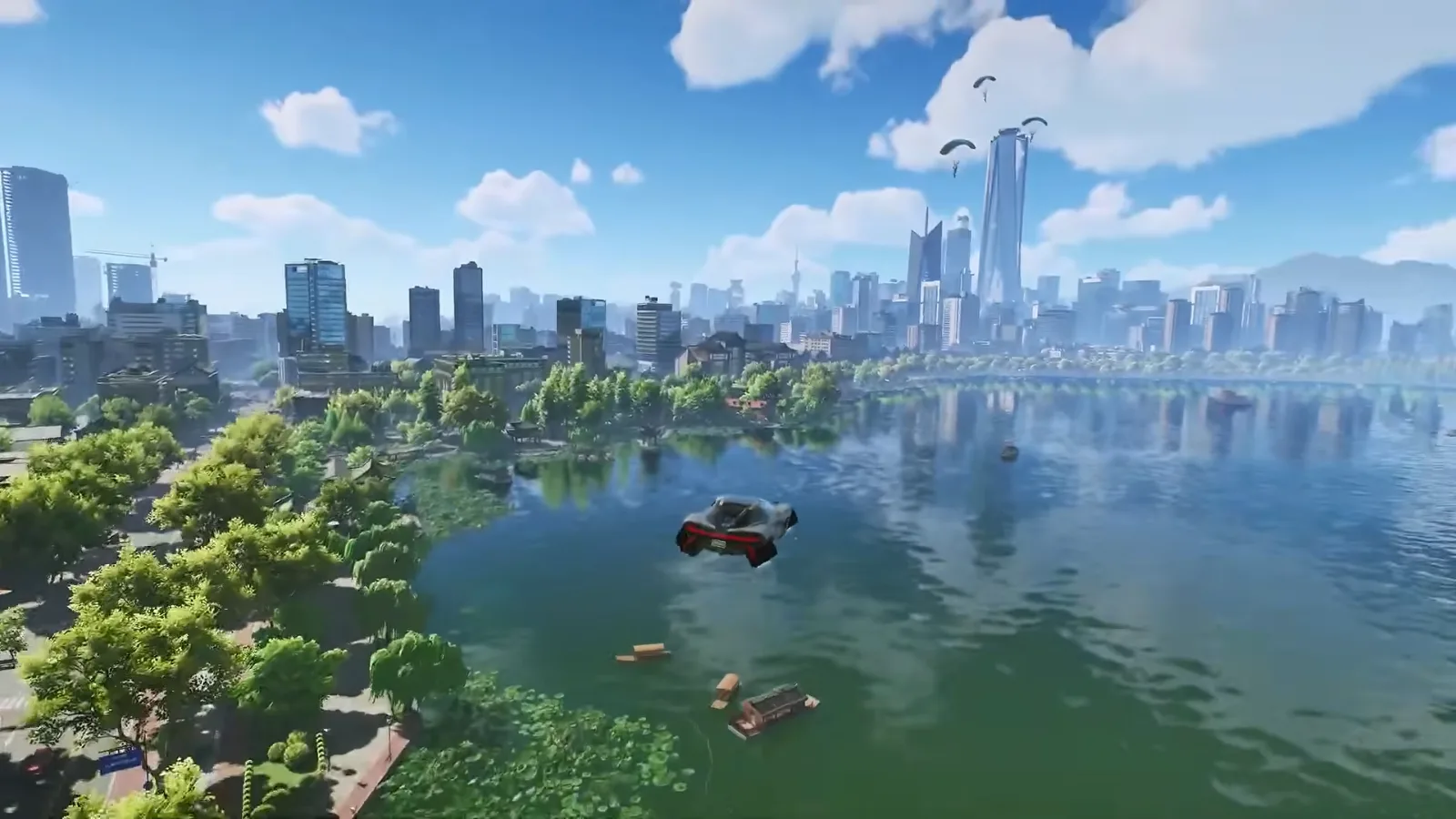 Ananta open world from above, a flying car crossing a green lake towards a skyline of towers while three parachutists drift down in trailer footage