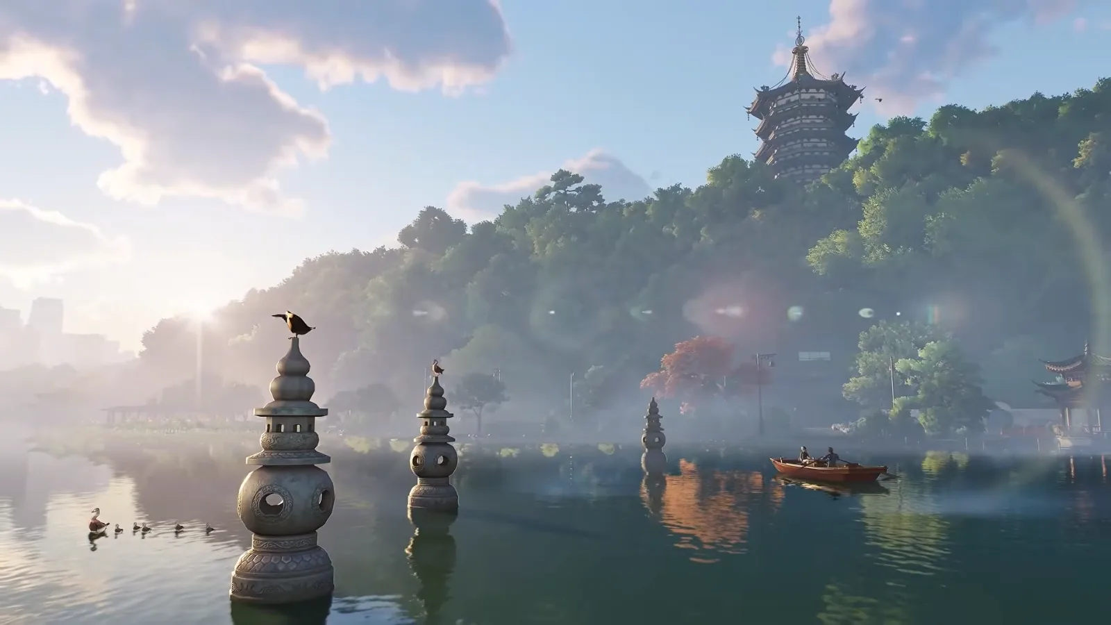 Ananta lakeside scene with stone lanterns rising from misty water, a small boat and a pagoda on a wooded hill, traditional scenery in trailer footage