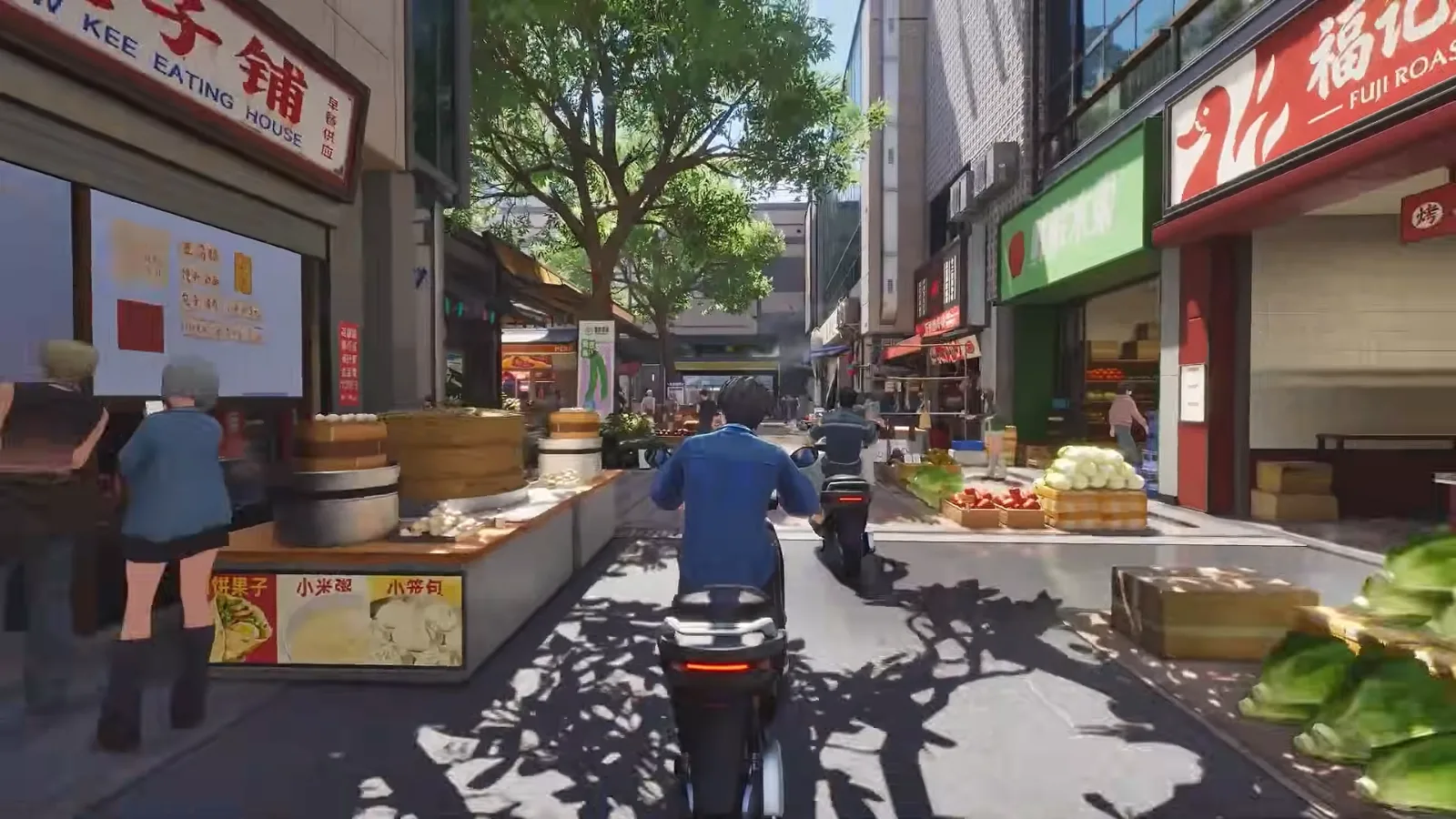 Ananta market street with steamer baskets at a food stall and Chinese shop signs, a rider in a blue jacket on a scooter weaving between vegetable crates