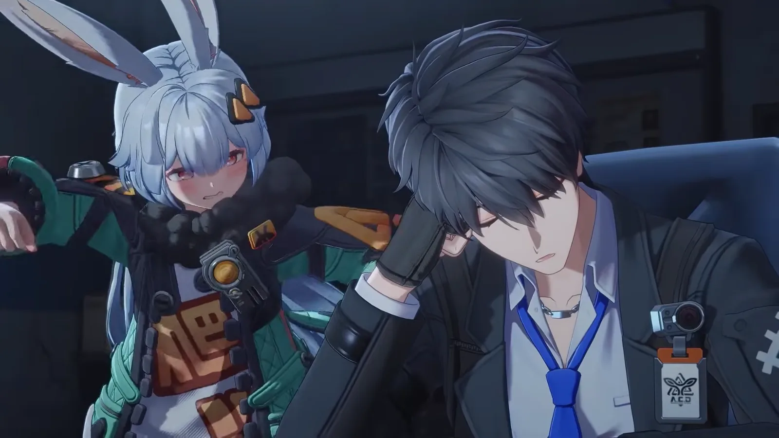 Ananta cutscene with Taffy in bunny ears leaning on the Captain, who rubs his forehead, his ACD badge and blue tie visible, a story cast scene