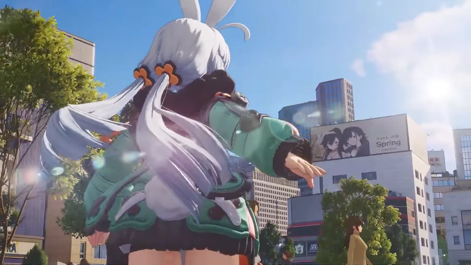 Taffy from Ananta seen from behind on a sunny city street, white bunny ears and a mint jacket, pointing at a building with a Spring billboard