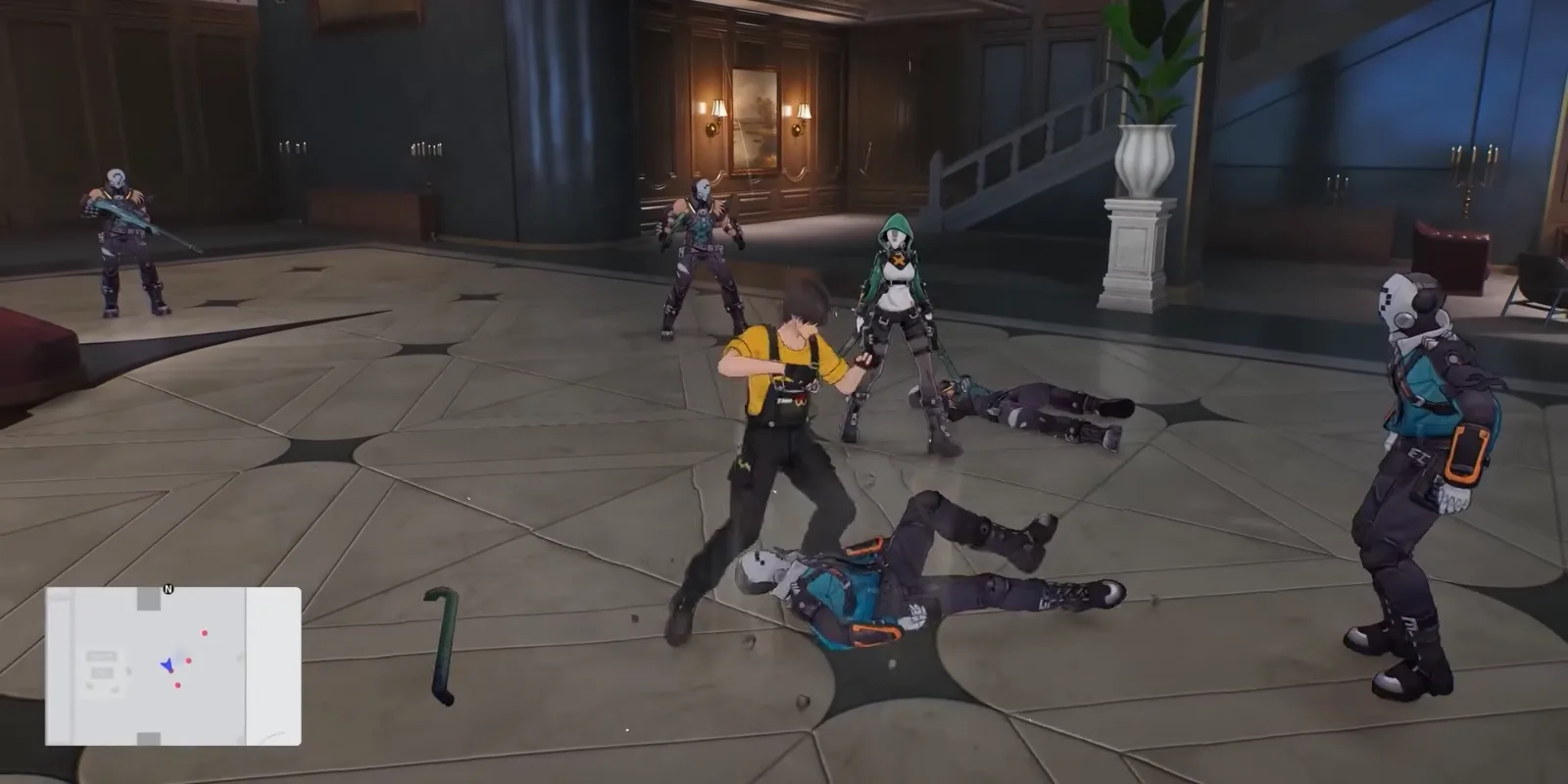 Ananta fight in a marble hotel lobby, a fighter in a yellow shirt beside a green-hooded ally, masked guards down on the floor
