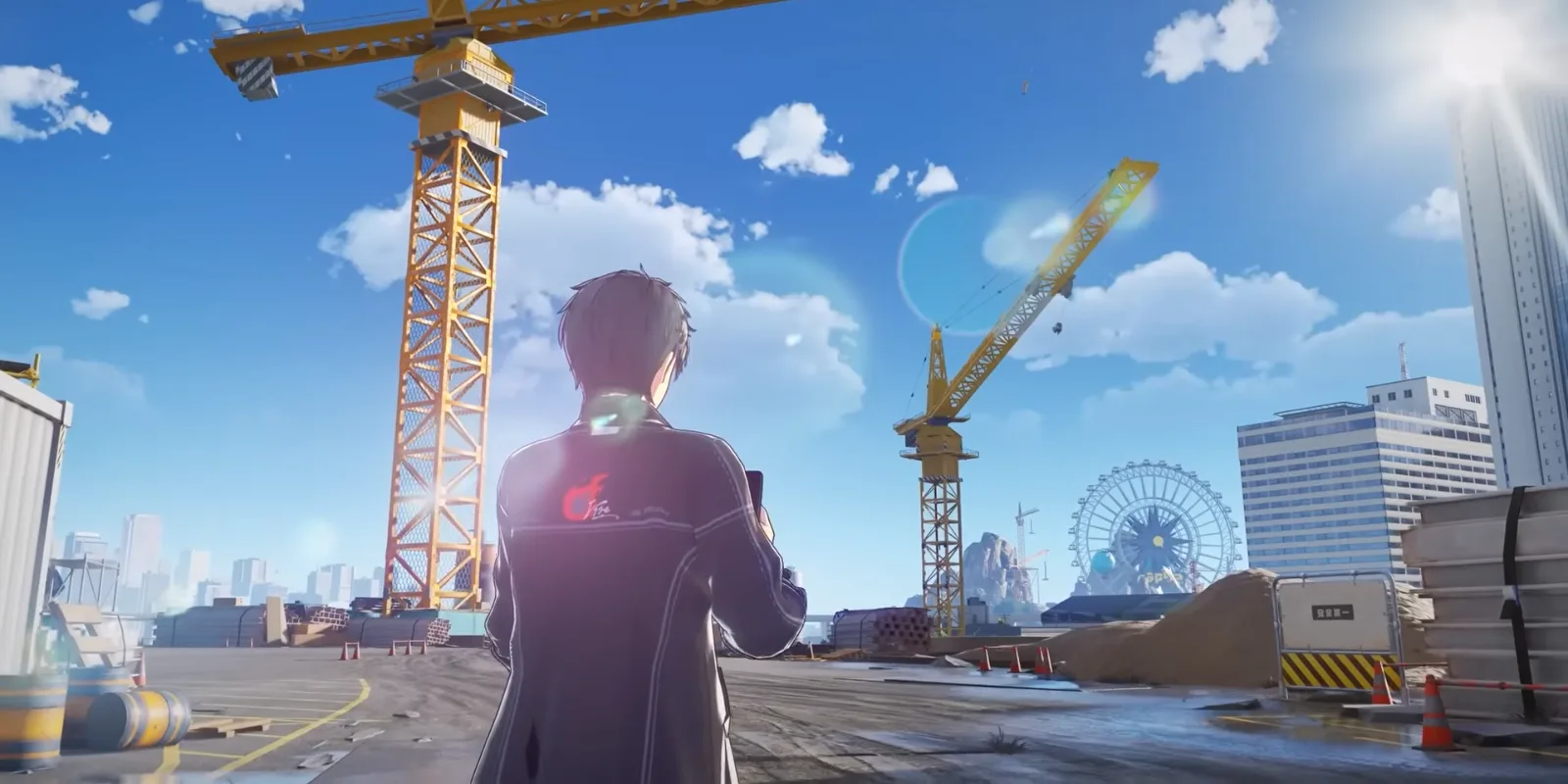 Ananta Nova City waterfront with two yellow construction cranes and a Ferris wheel, the Captain seen from behind holding his phone