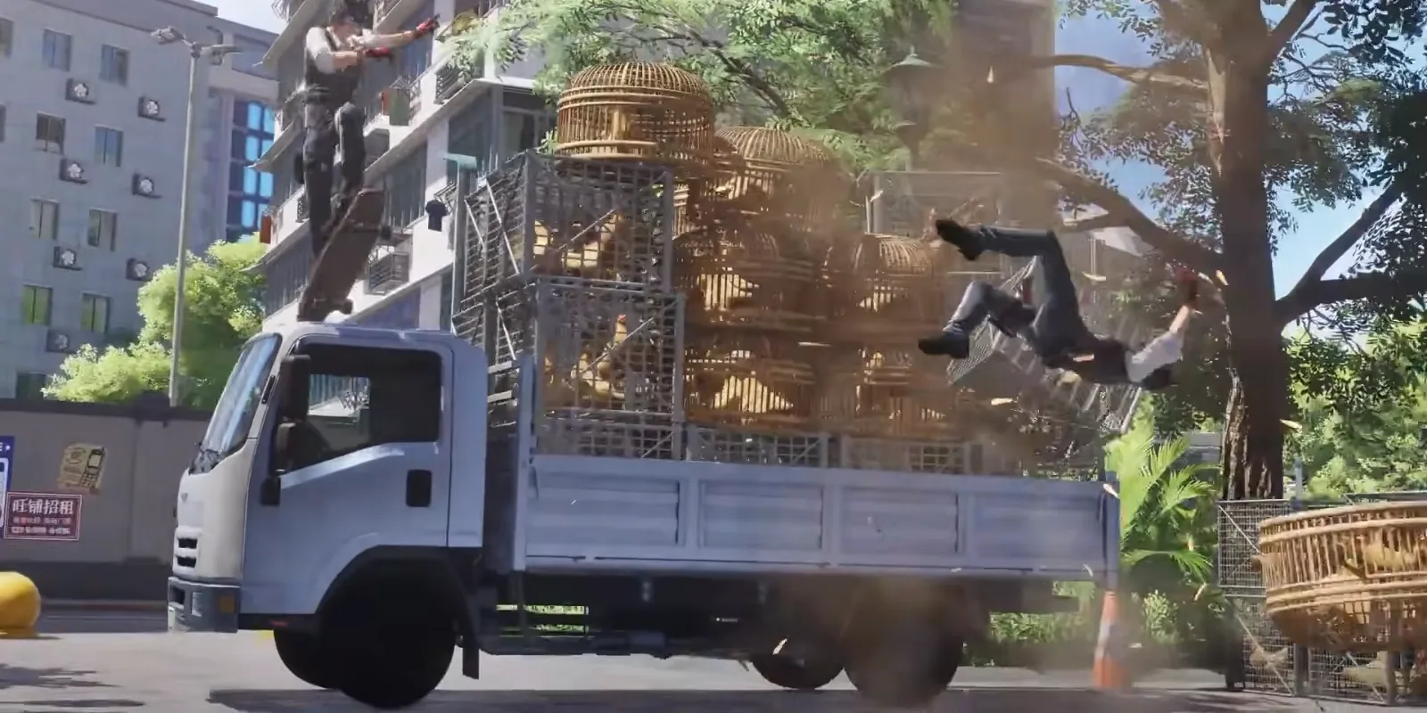 Ananta skateboarder grinding on top of a white truck loaded with bamboo bird cages while a thug flies backwards through the cages