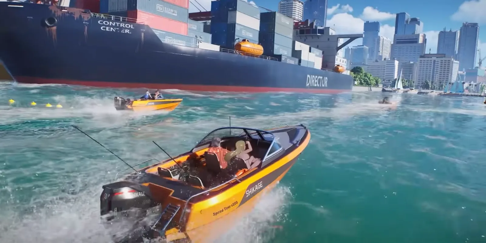 Ananta orange Shikage speedboats racing across Nova City harbour past a container ship named Director, the skyline behind