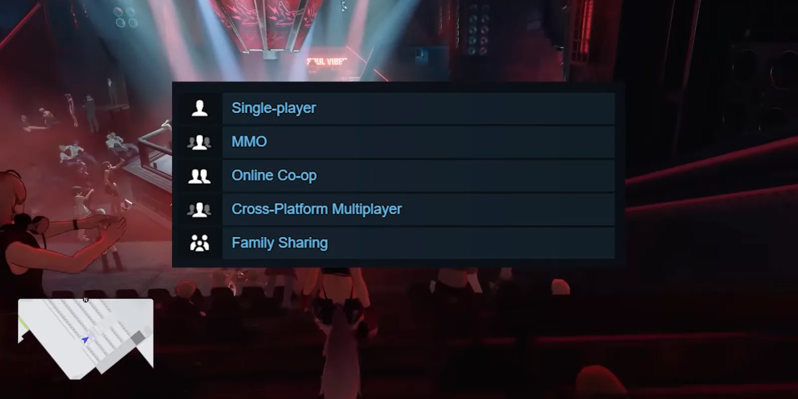 Ananta Steam feature list over nightclub footage, reading Single-player, MMO, Online Co-op, Cross-Platform Multiplayer and Family Sharing