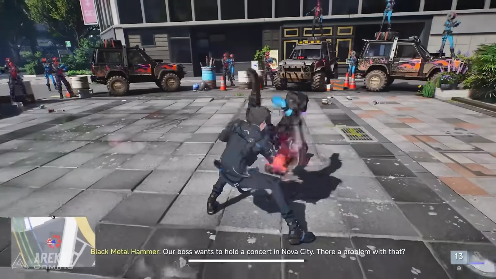 Ananta street brawl against the Black Metal Hammer gang between parked off-road trucks, subtitle reading Our boss wants to hold a concert in Nova City