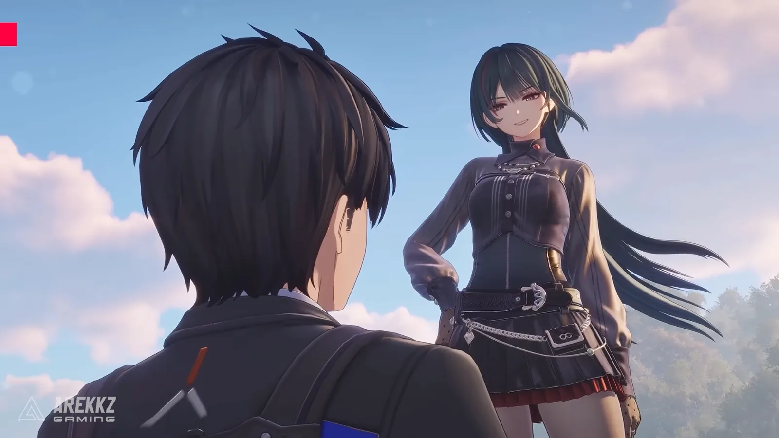 Ananta cutscene of the Captain seen from behind facing a smiling long-haired woman in a dark corset jacket and pleated skirt