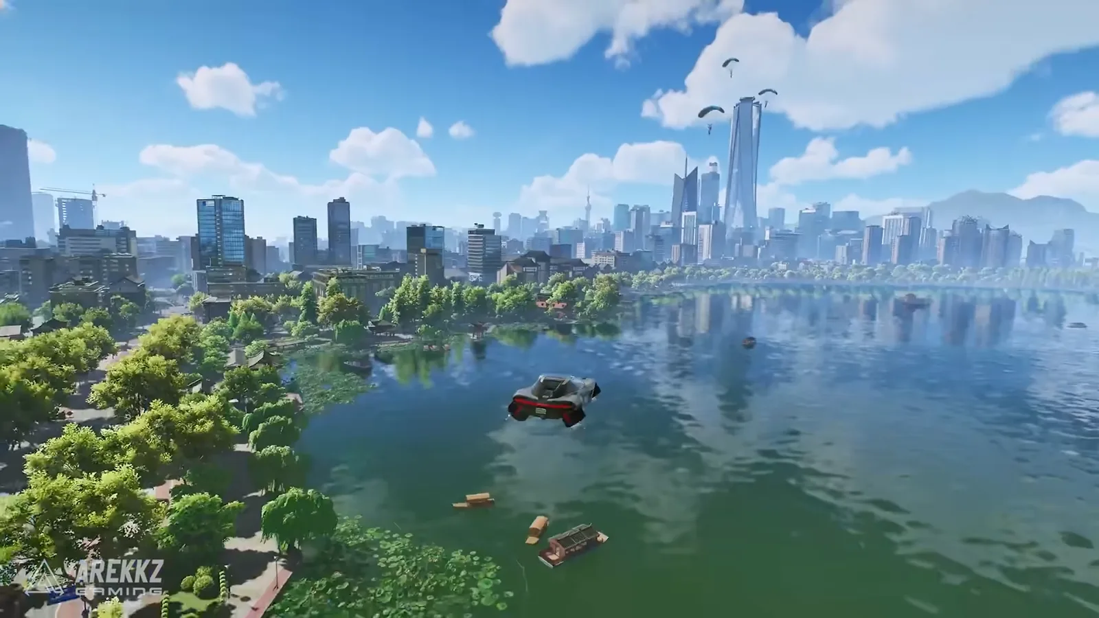 Ananta flying car skimming low over a green lake in Chongxiao, wooded shores and a skyline of towers on the horizon