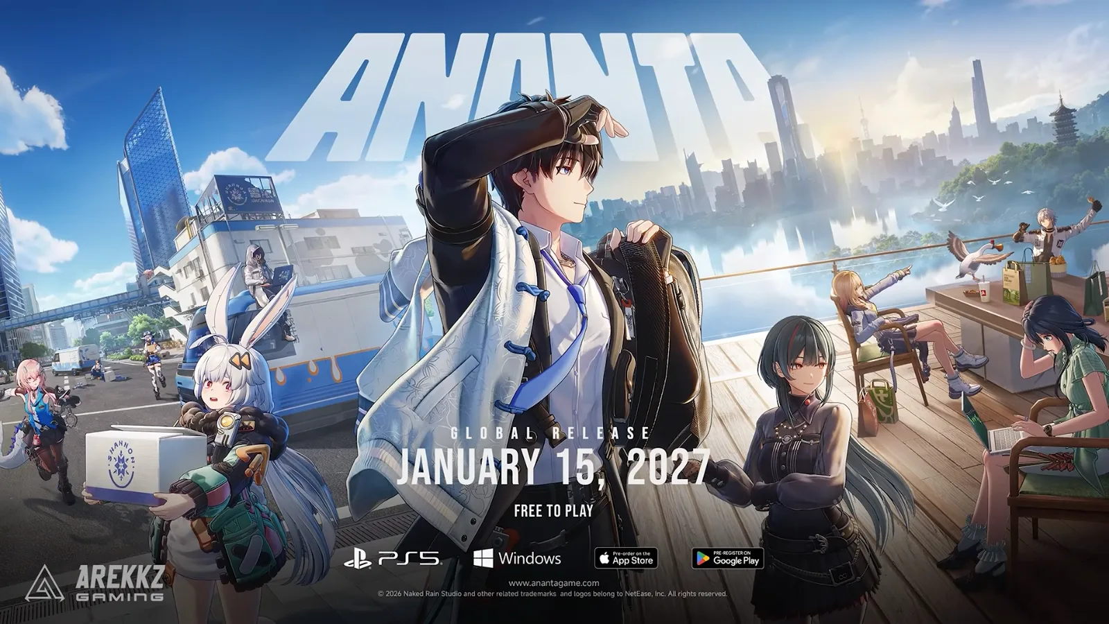 Ananta global release key art reading January 15, 2027 and Free to Play, the Captain and the cast on a rooftop with PS5, Windows, App Store and Google Play logos