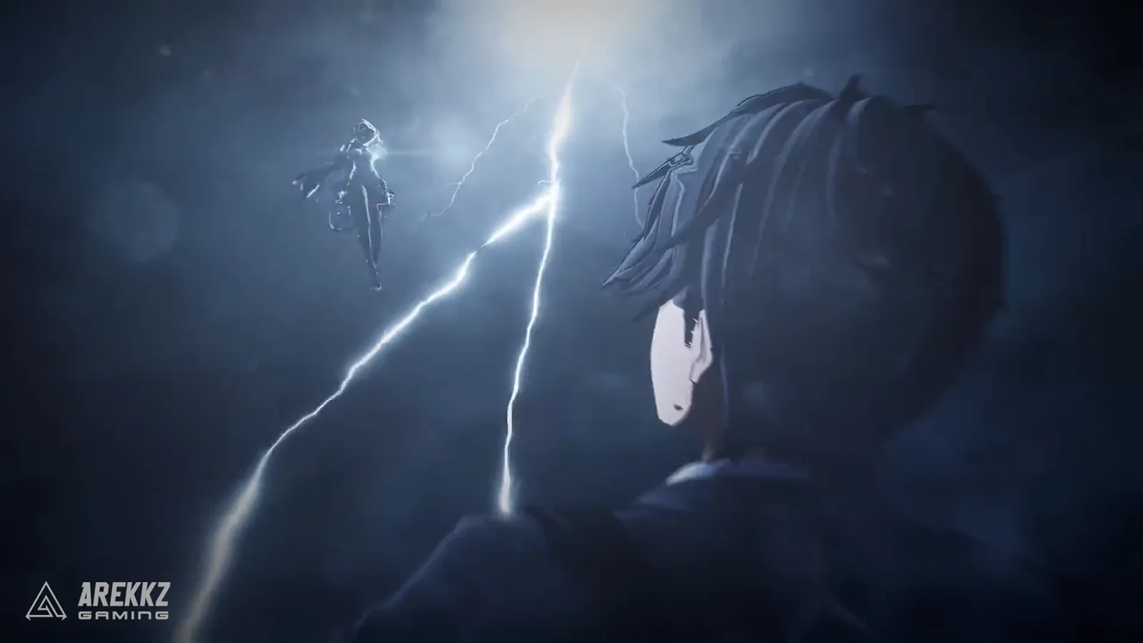 Ananta midair fight at night, a figure hanging in a stormy sky lit by forked lightning while the Captain looks up from below